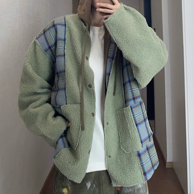 Vintage Plaid Sherpa Jacket – Ice Cream Green, Warm Collarless Coat (FD084)