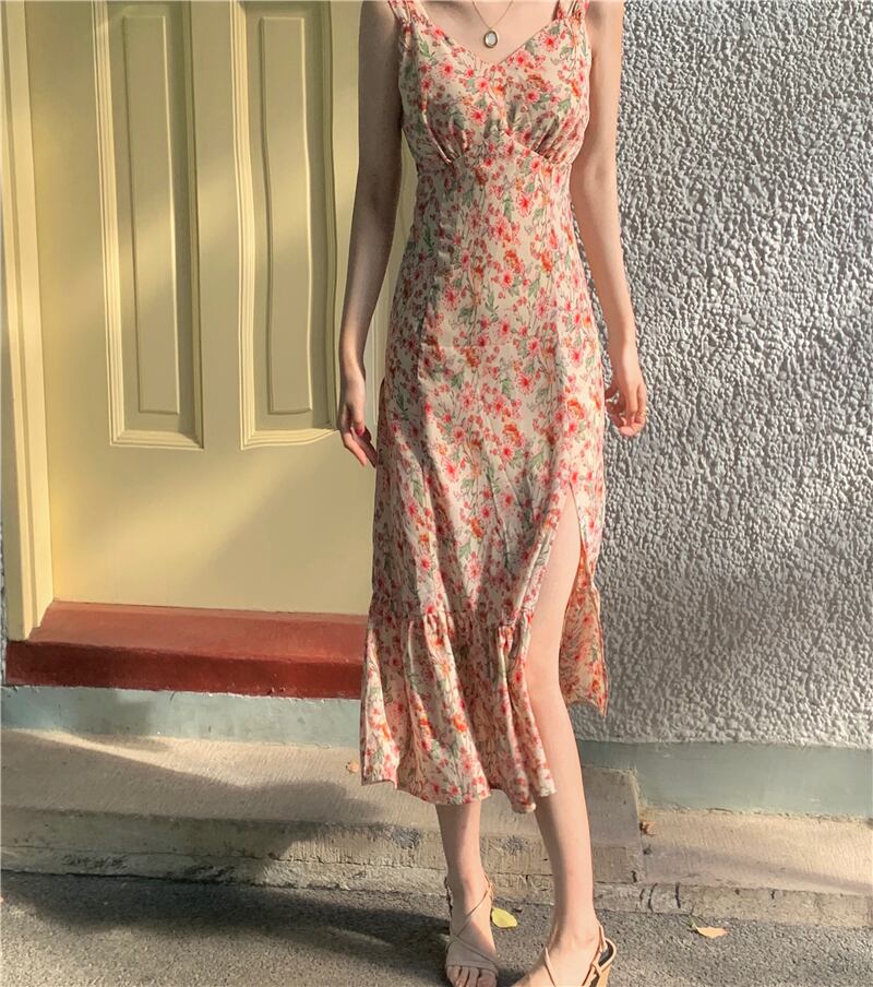 サイドスリットフローラルサマースタイルスタンダードシフォンVネックドレス レトロ 夏物 花柄 ドラファッションホール75670156420