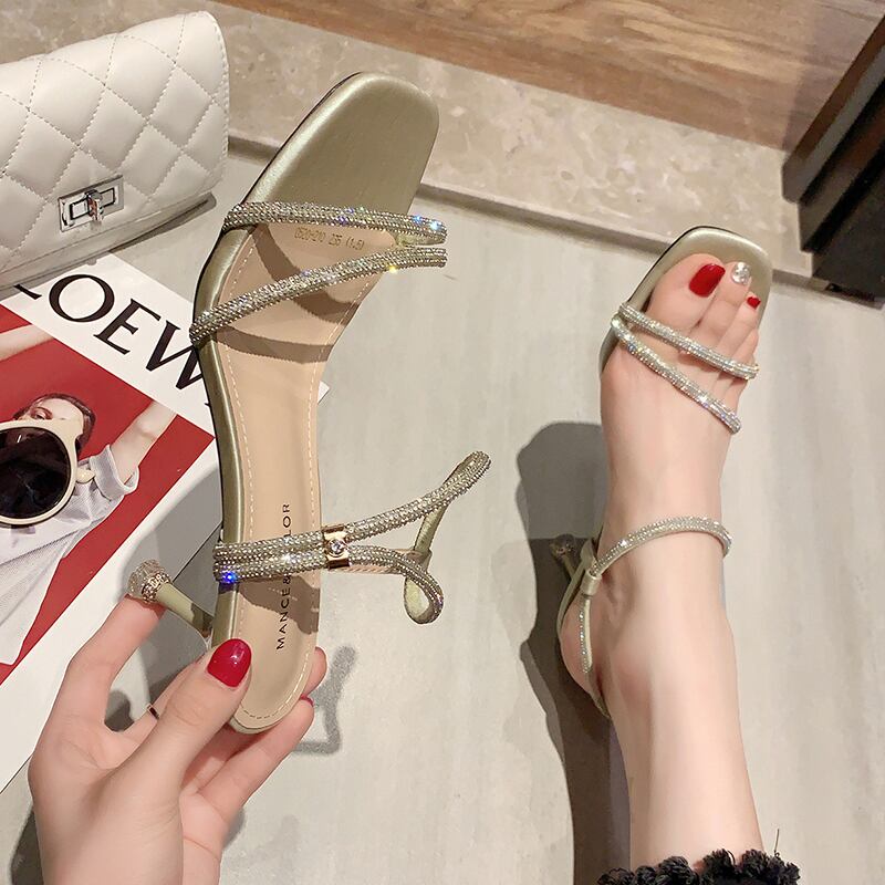 サンダル女性2020夏の新しいファッションラインストーンオープントゥワイルドネットレッドフェアリースタイルスチレットヒールの女性 部族の婦人靴1629027