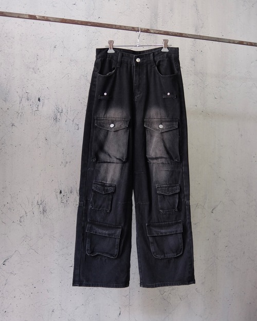 cargo design straight black denim pants