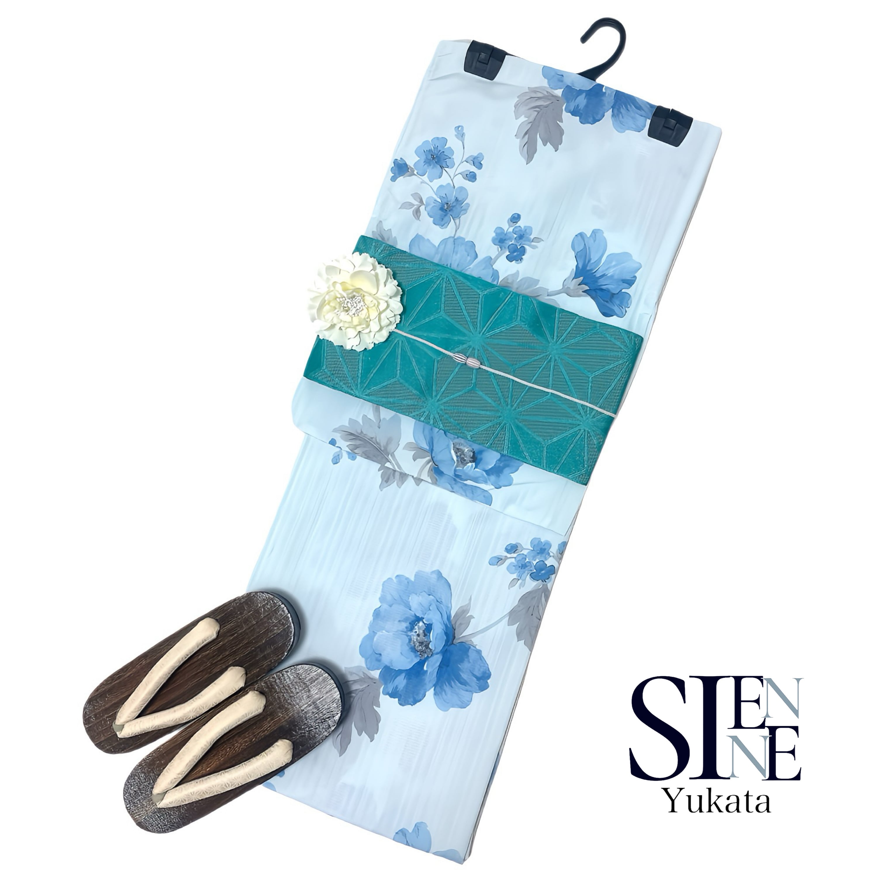 浴衣ジェンヌ 浴衣5点セット ライトブルー 水色 花柄ポリエステル