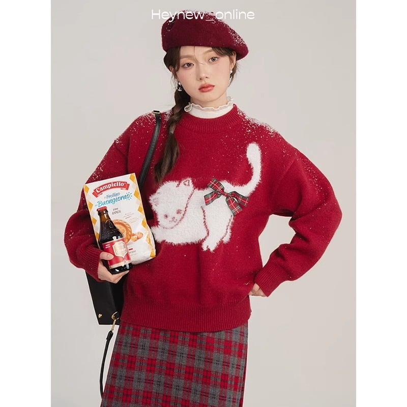 【新作】【送料無料】 ボウバットキャットセーター女性の秋と冬 2024 新しい怠惰なソフトワックス状ニットセータートップ 0343226754751