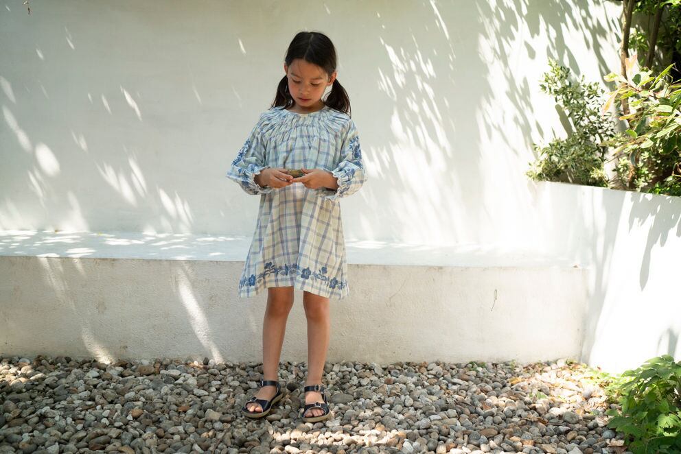 Lali/ Tulip Dress-Minty Chex with Embroidery | Treize
