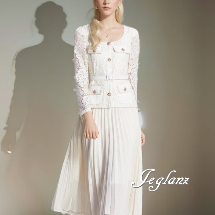 上品 フェイク ワンピース ドレス 切替 プリーツ 細見え 2色(M9115)ζ