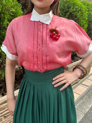40's red×white tuck blouse