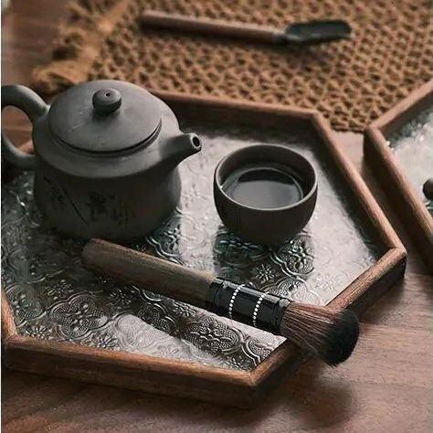 六角形トレイ お盆 エンボスガラス 木製フレーム おしゃれ トレイ