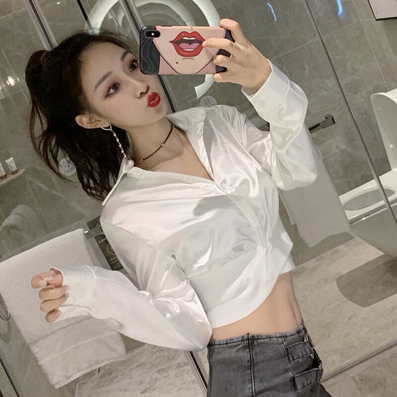 ホワイトシャツ オータムクロスウェストクロップドショートトップス スタイル ロング 大人ガーリー スウィート キュート カジュアル 秋物 ガールズファッション68606954811