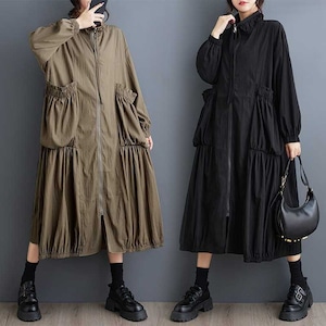 SOLID STAND COLLAR A-LINE MIDI FULLZIP DRESS COAT 2colors M-15786