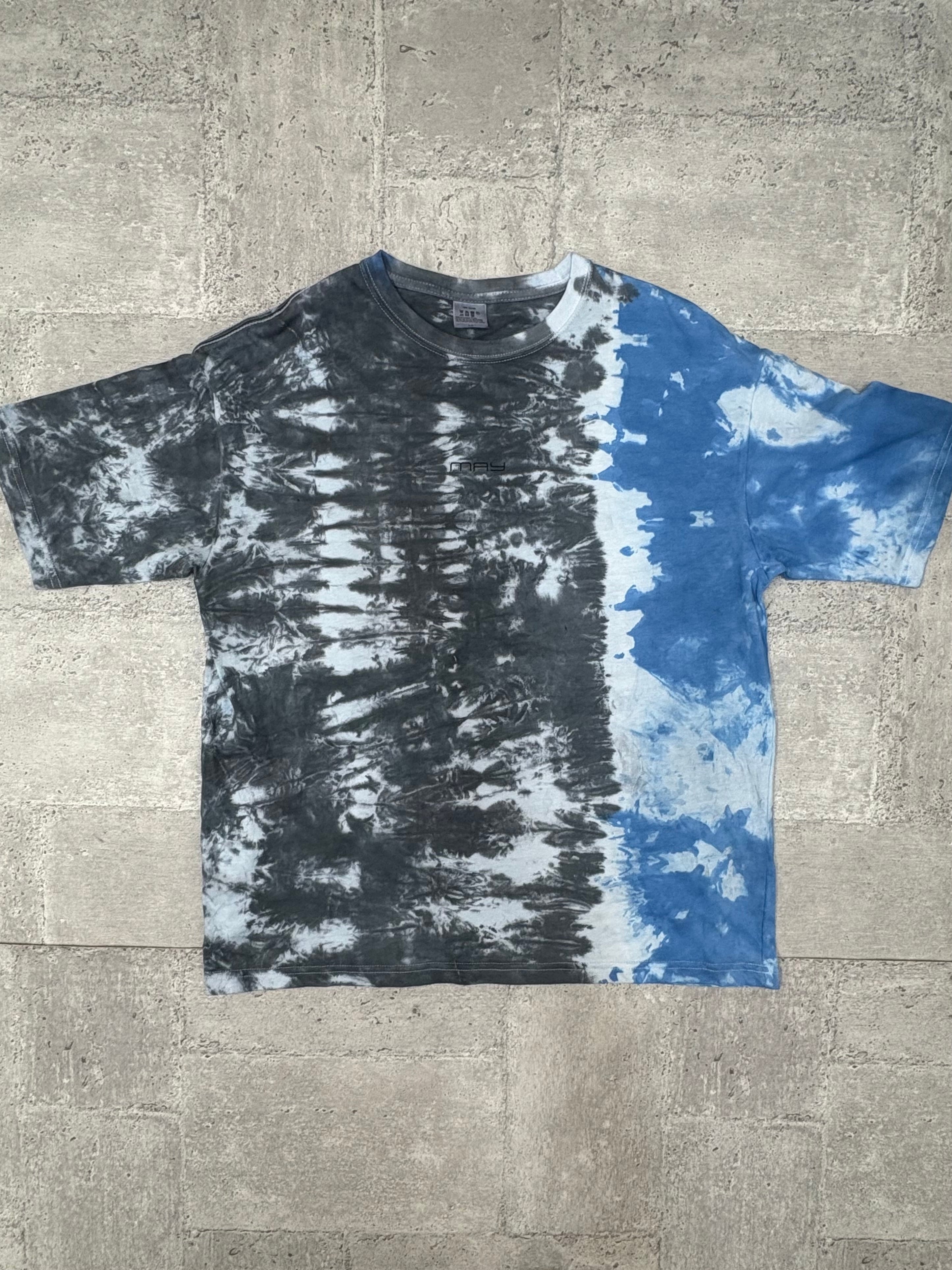 LIBERE Tシャツ タイダイ 切替デザイン　S 青　黒　オーバーサイズ Tops】7:3オーバーサイズタイダイTシャツ ブラック×ブルー | MAY