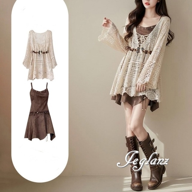 セットアップ 2点 クロシェ編み チュニック キャミワンピース ♪（MC860）λ