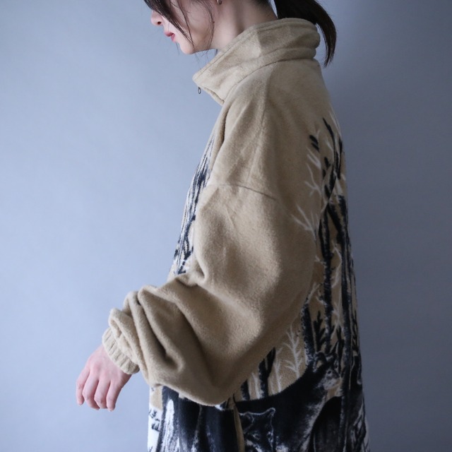 "狼" good animal and tree pattern over silhouette fleece jacket