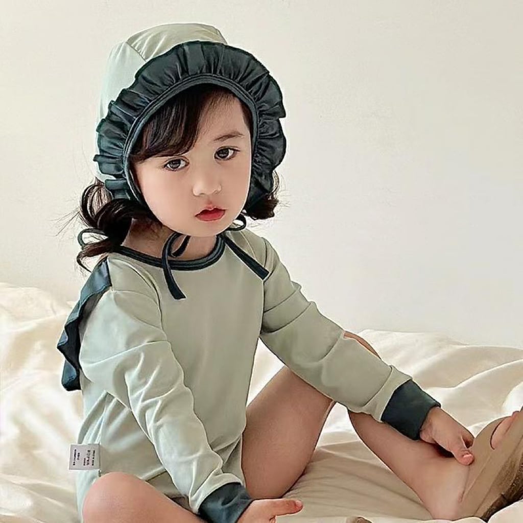 キッズ女の子男の子長袖つなぎ水着 オールインワン グリーン キャップ