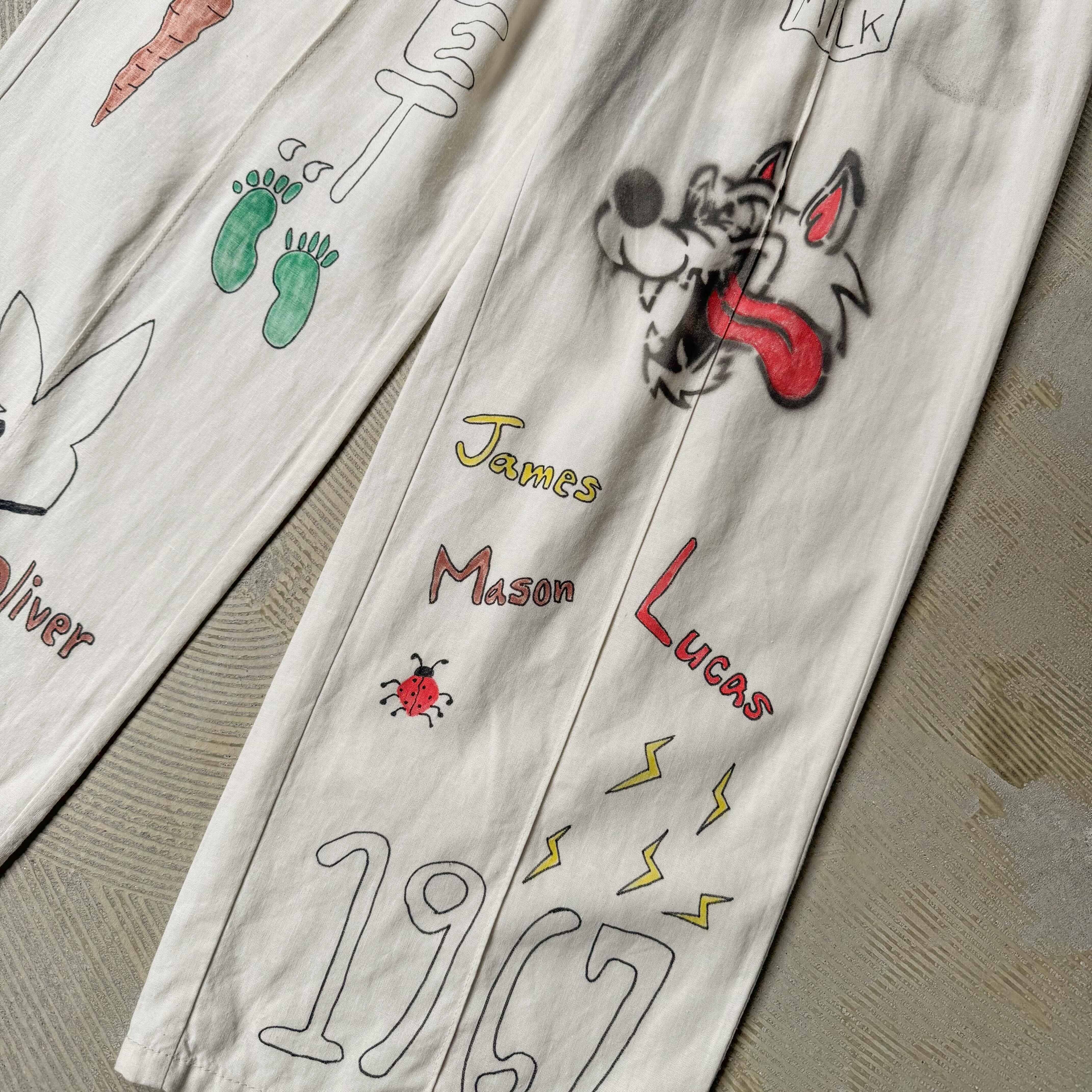HAND PAINTED ART STENCIL MEMORIAL LINEN PANTS / ハンド ペイント