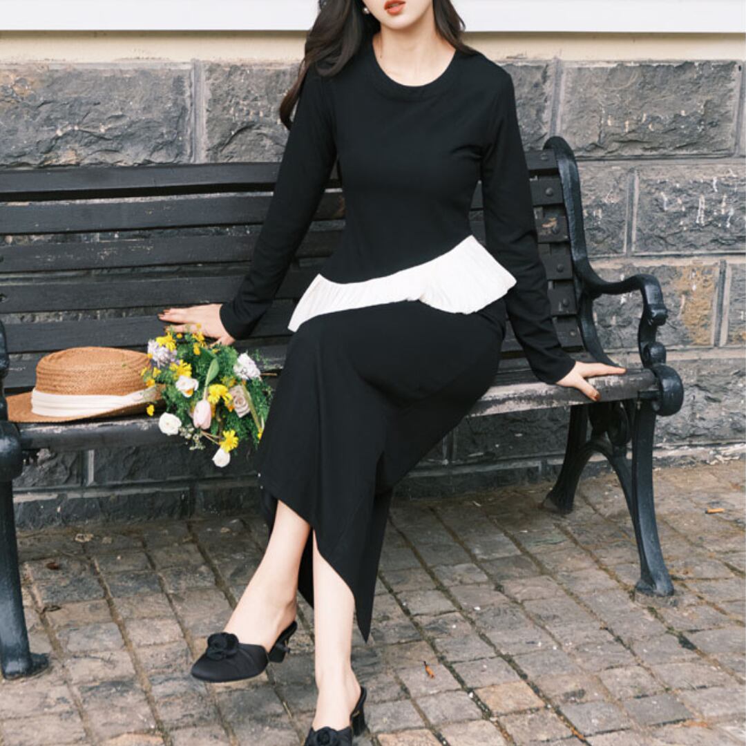 【別売】ペプラムデザイン ラウンドネック 長袖トップス&ロング丈 タイトスカート 00560