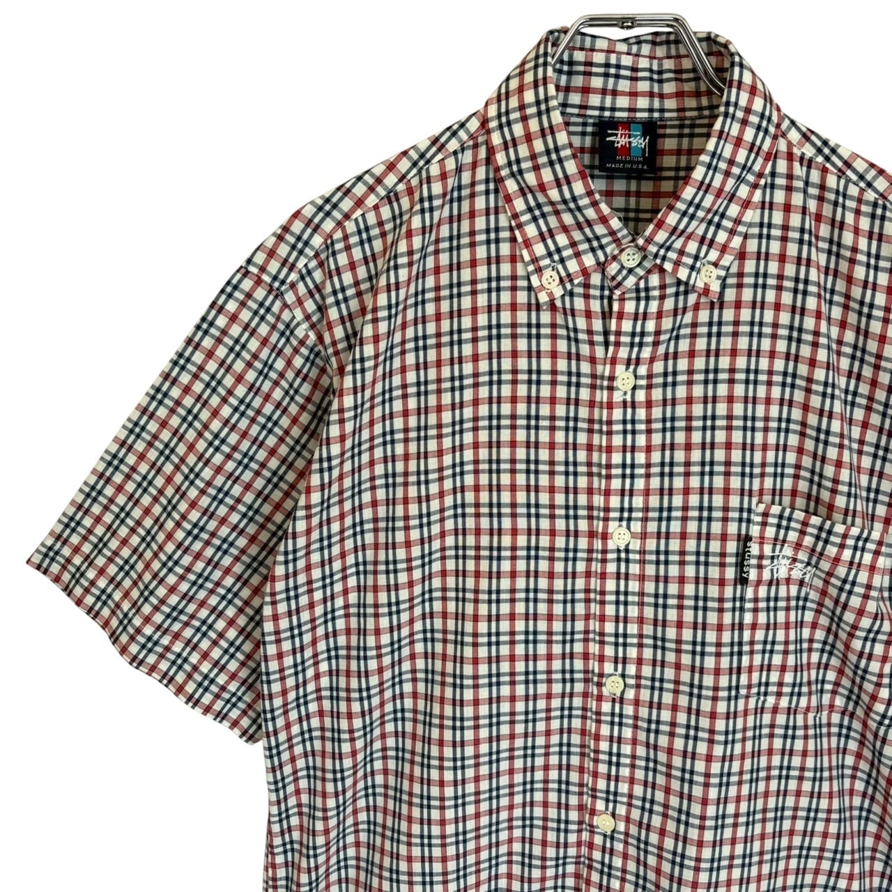 stussy ステューシー 半袖シャツ M 刺繍ロゴ チェック 90s USA製