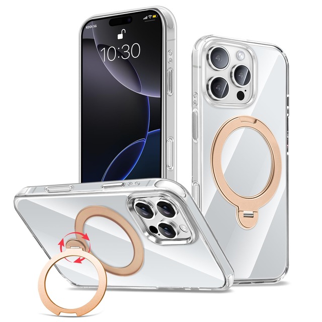 peipeizi 対応 iphone 16Pro 用 ケース magsafe対応 透明 多機能360度回転スタンド 縦横両対応 ピンクゴールド