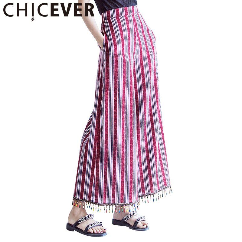 CHICEVERウエストストライプパンツレディースパンツテルヒットカラーワイドレッグ足首丈パンツ2020タイド ワイドパンツ 6base56681281251