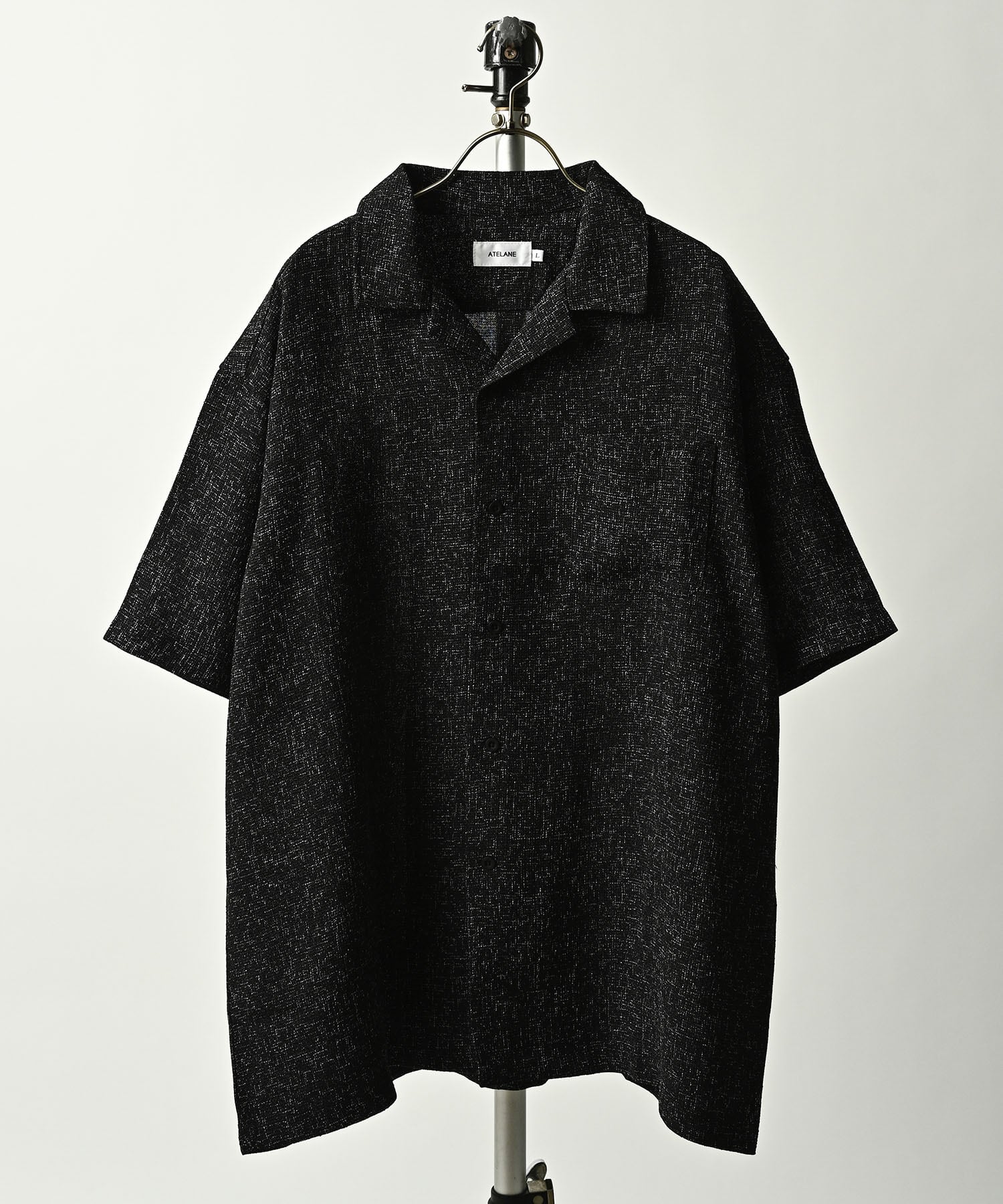 ATELANE Summer tweed short-sleeved open shirt (BLK) 26A-15010