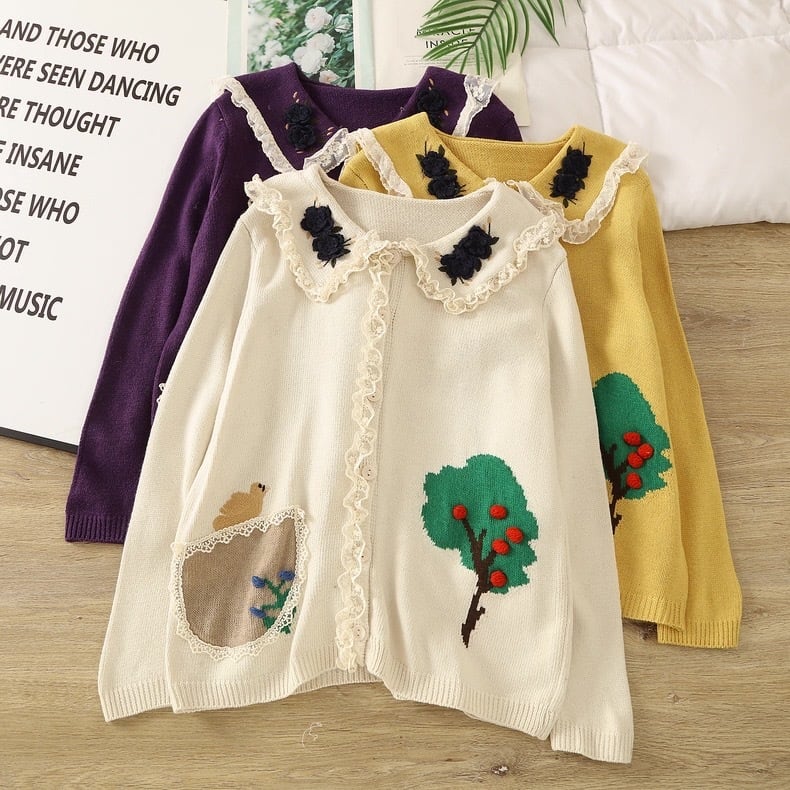 刺繍ツリー襟レースニットカーディガン 3color fu0942