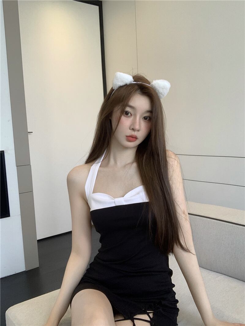 ドレス ウェストホルターショートスカート サマー 夏物 ブラックストロベリース23537037449