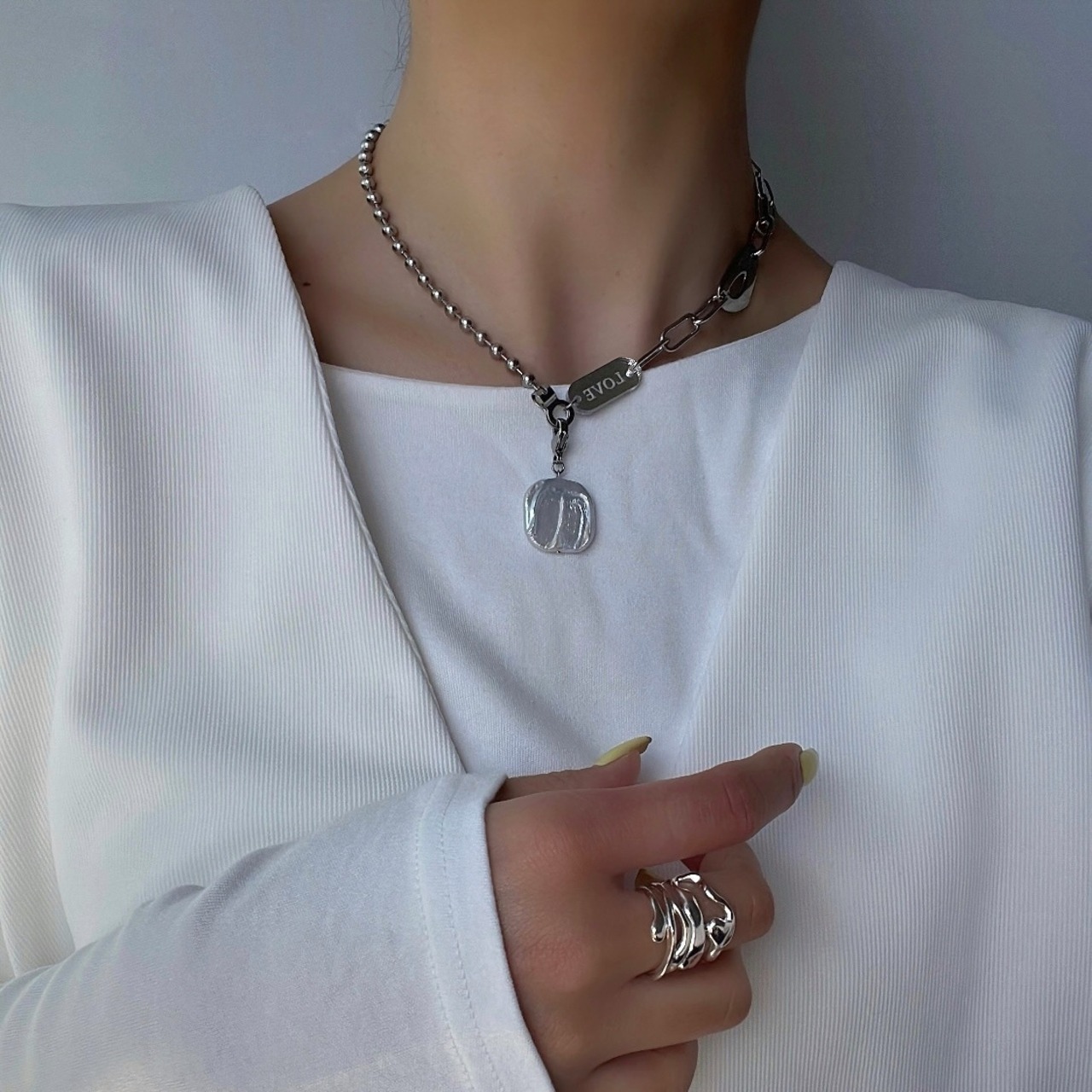 [3〜4way] オールステンレス　シルバーネックレス ［SSN031］