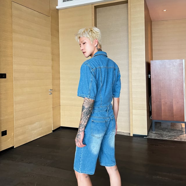 予約販売】オールインワン つなぎ デニム 半袖 ハーフパンツ