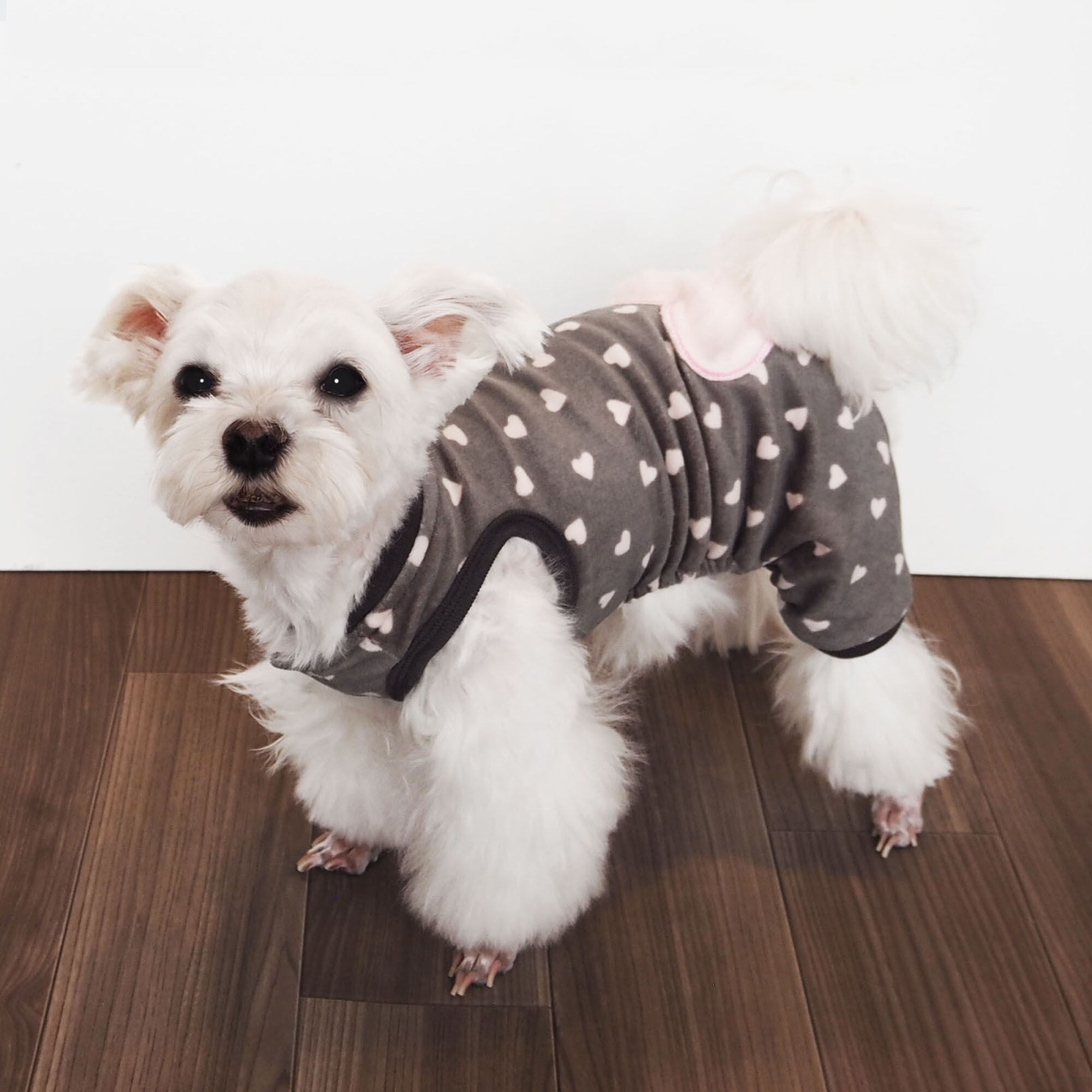 【ドッグウェア】 ハートがいっぱいロンパース グレー/ブラウン