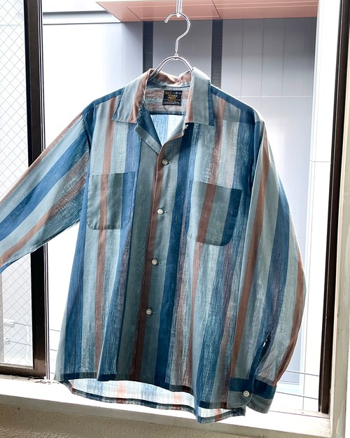 ~70s Sears Poly×Cotton L/S Striped Open Collar Shirt