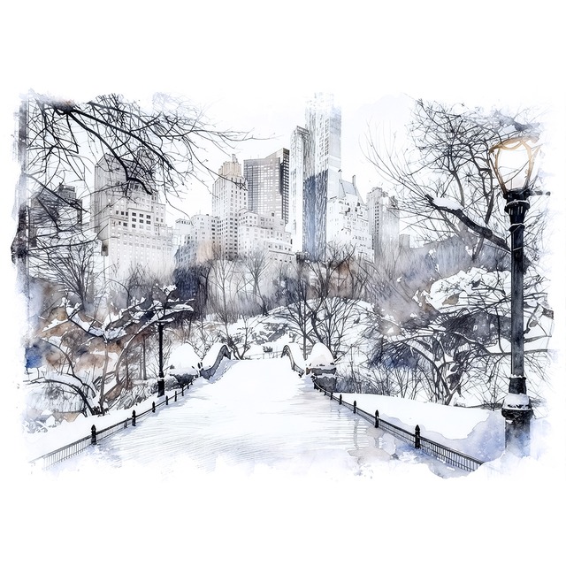絵画 風景画(街並み)  冬 アメリカ ニューヨーク 雪のセントラルパーク インテリアアート額付き 水彩画・油絵風 WAT0993