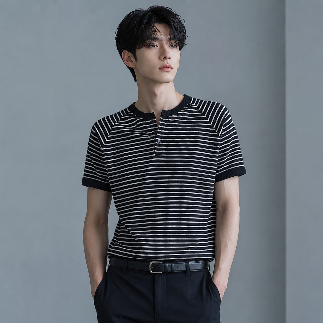 Striped Henley neck short-sleeve T-shirt 0010
