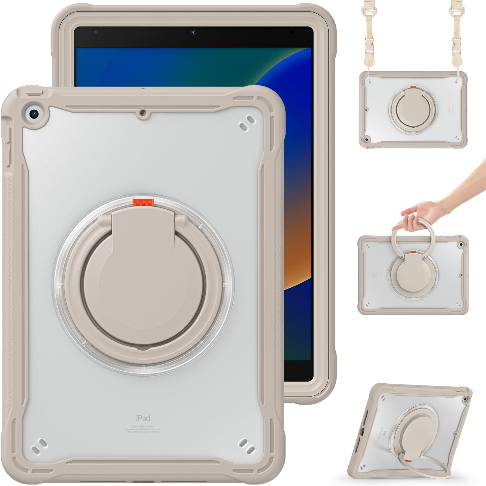 SENLAN iPad 10.2インチ 第7/8/9世代 用ケース 縦置き 横置き 肩掛け 360°回転持ち手 ペン収納 ショルダーストラップ付き ハードPC +シリコン リングスタンド 耐衝撃 半透明 背面カバー つや消し(カーキ)