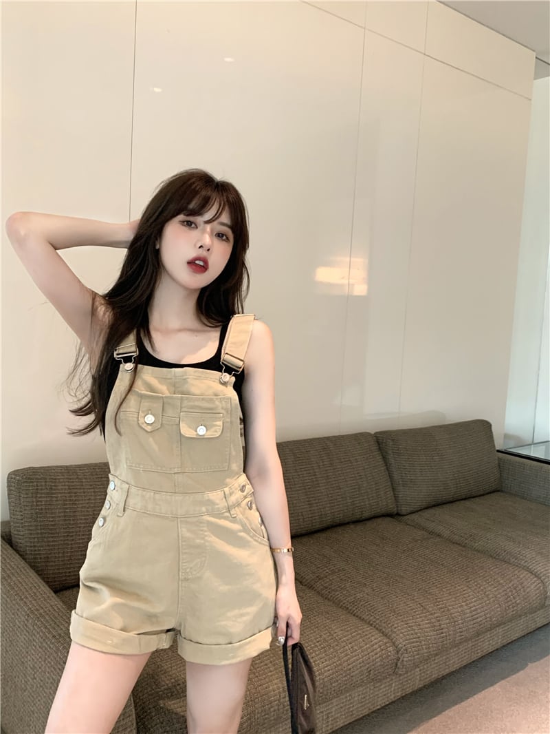 オーバーオール ジャンプスーツ オールインワン サマー薄手ショーツ 夏物 ブルマー ブラックストロベリース5328356955