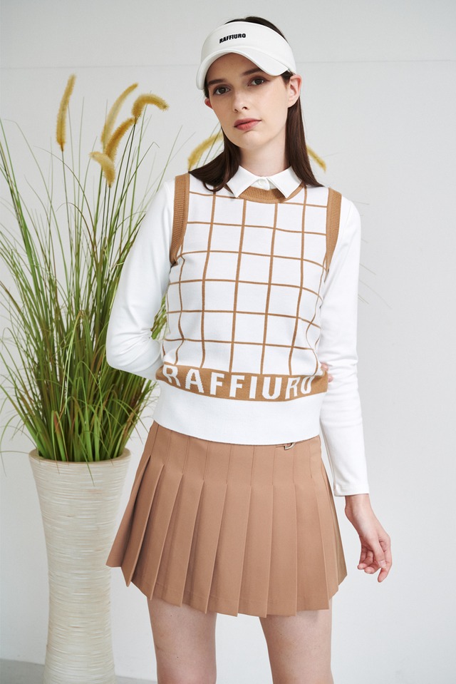 SET) Square Knit (camel)+ Inner + Leather Skirt(camel)