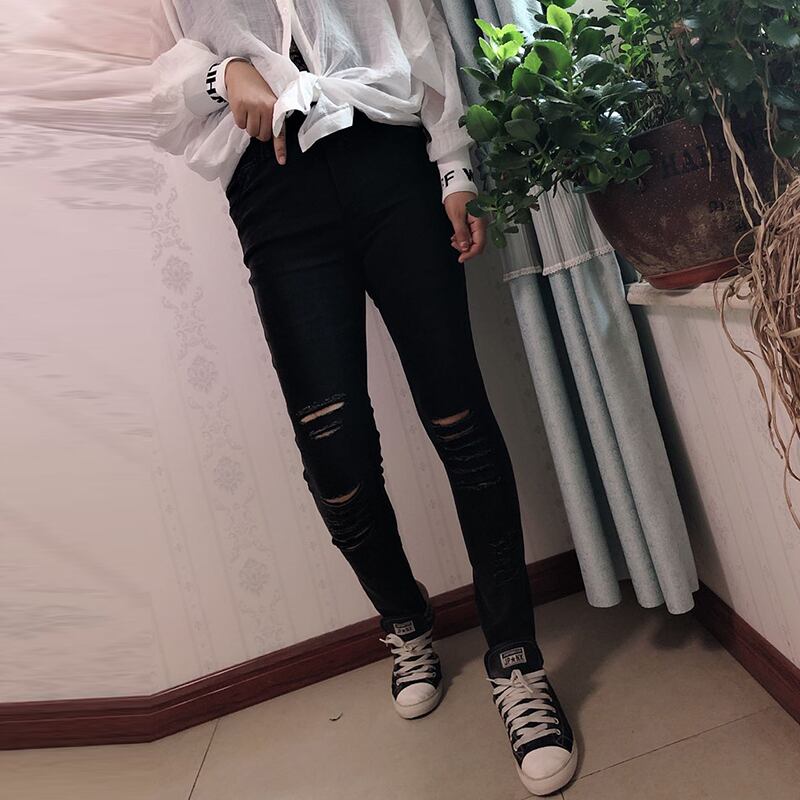 ファットシスタープラスサイズカジュアルパンツルーズ秋新2020レディースストレートハイウエスト破れた足パンツは薄い ミックスインファッション17637276657