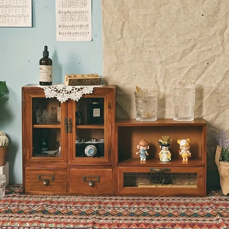 卓上 ガラスキャビネット 両開き 収納ケース 引き出し付き 木製 ガラス