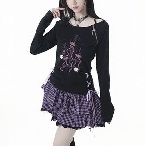 レースアップリボンキャンドルスカルキャットロングスリーブトップス(lli_6252)