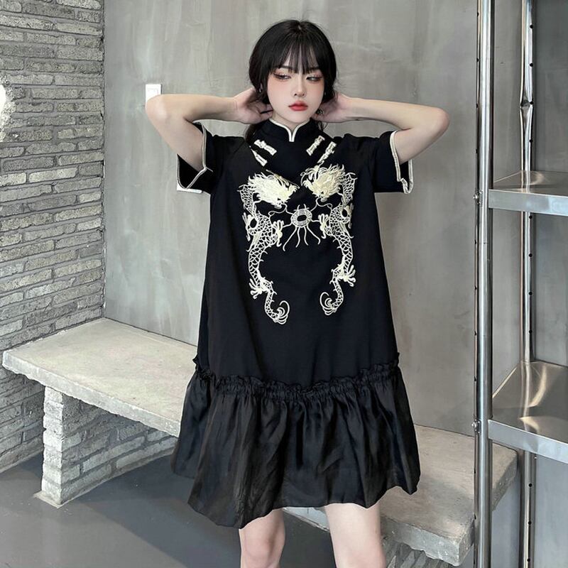 都谷シリーズ チャイナ風ワンピース 龍 原宿風 激安 Aライン ブラック 黒い 中華服 ゆったり 可愛い Elegant