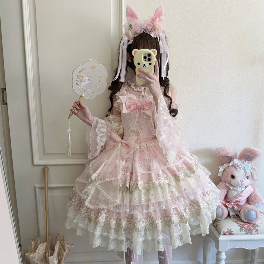 【韓嬢】ゴスロリ・ロリータドレス　森ガール 甘ロリ ロリィタJSK ピンク　姫様 甘ロリJSK チョーカー 姫袖付き ピンク 多層フリルレース姫系ロリータ