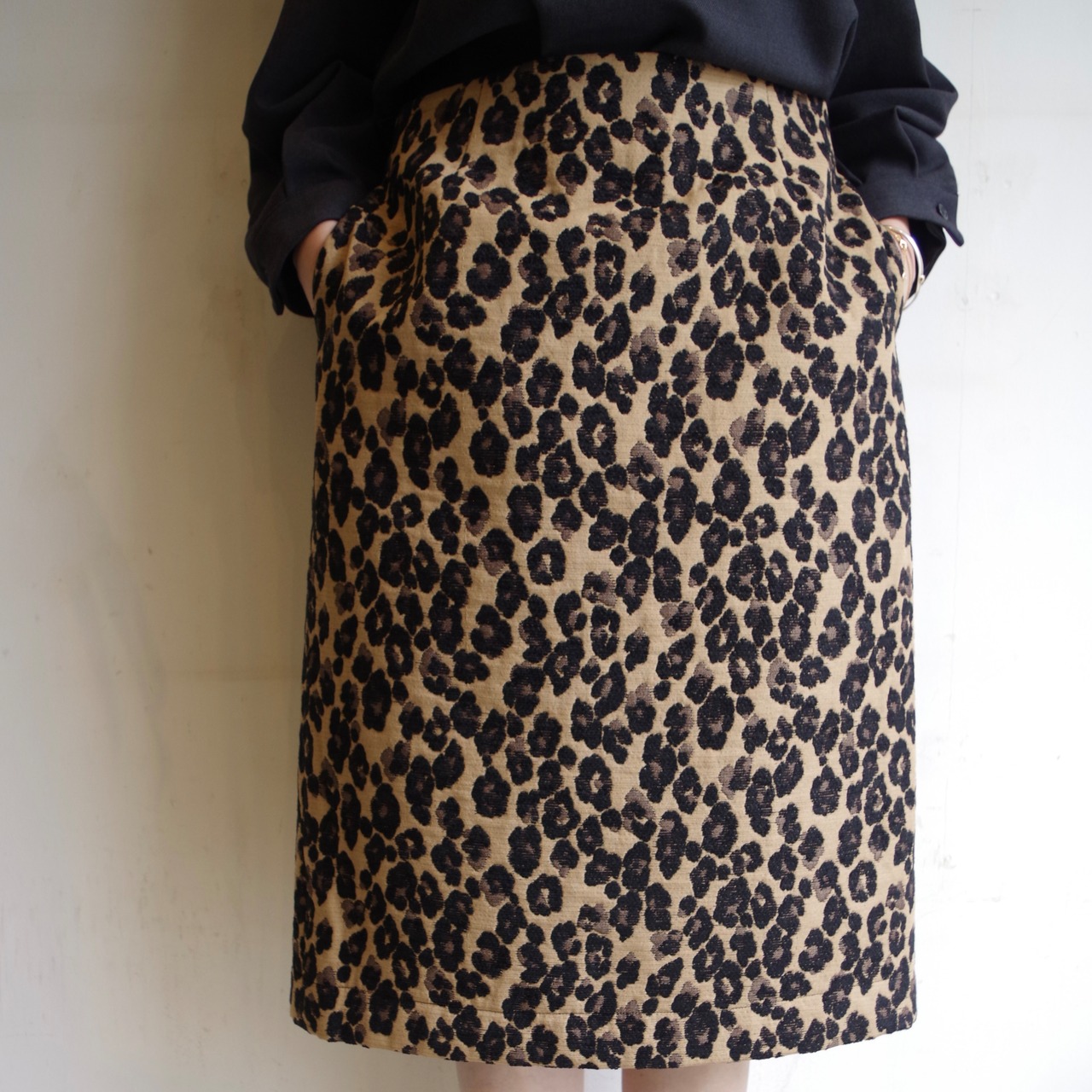SINME レオパードスカート ベージュ×ブラック