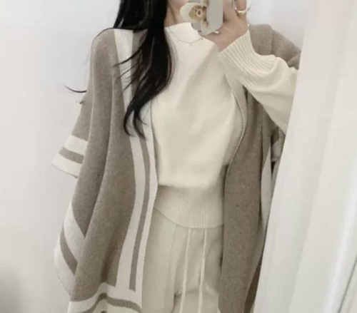 カーディガン ウール混 ポンチョ  秋冬 レディース ニット ショール ストライプ エレガント 上品 レイヤード ケープコート 羽織 アウター ライトアウター 大判ストール ニットポンチョゆったり