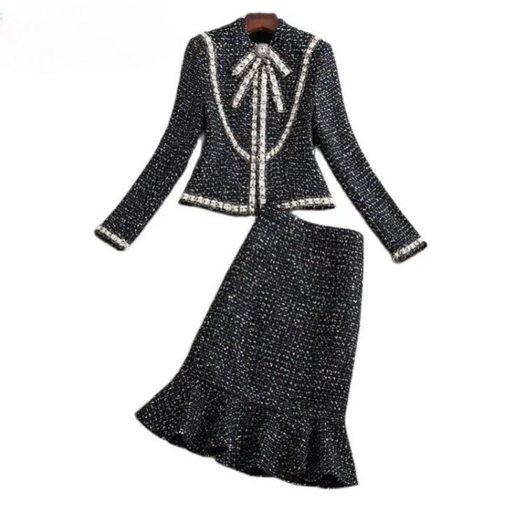 マルチカラービーズツイードリボンタイマーメイドスーツ3218