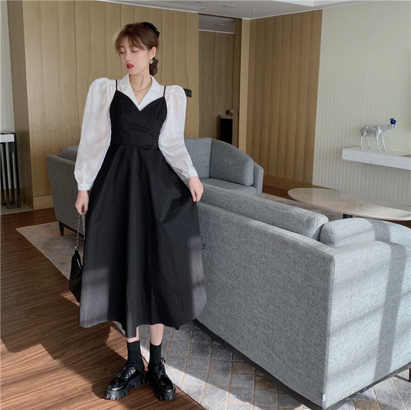 ドレス スタンダードスタイルスカート スプリングブラック薄手 レトロ 春物 ブラックストロベリース49274165776