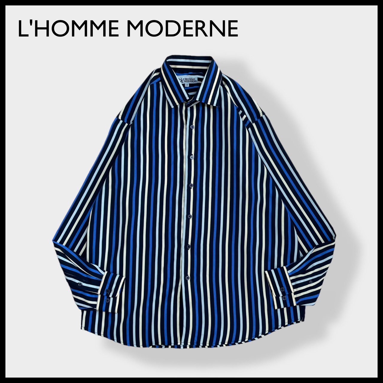 【L'HOMME MODERNE】ストライプシャツ 長袖シャツ ポリシャツ カジュアルシャツ マルチカラー アースカラー XL相当 ビッグシルエット US古着