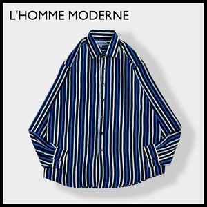 【L'HOMME MODERNE】ストライプシャツ 長袖シャツ ポリシャツ カジュアルシャツ マルチカラー アースカラー XL相当 ビッグシルエット US古着