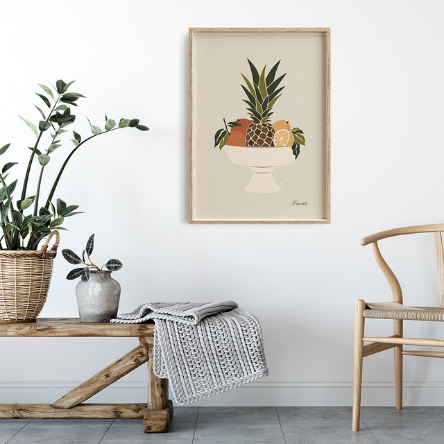 フルーツと抽象画のポスター　/ i1418 / パイナップル、アプリコット、洋梨など　アートポスター