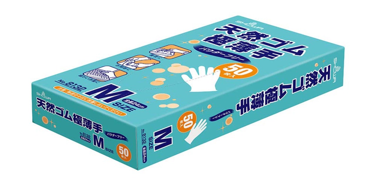 ショーワグローブ 【使いきり手袋】 No.8132 天然ゴム極薄手 50枚入 Mサイズ 1函