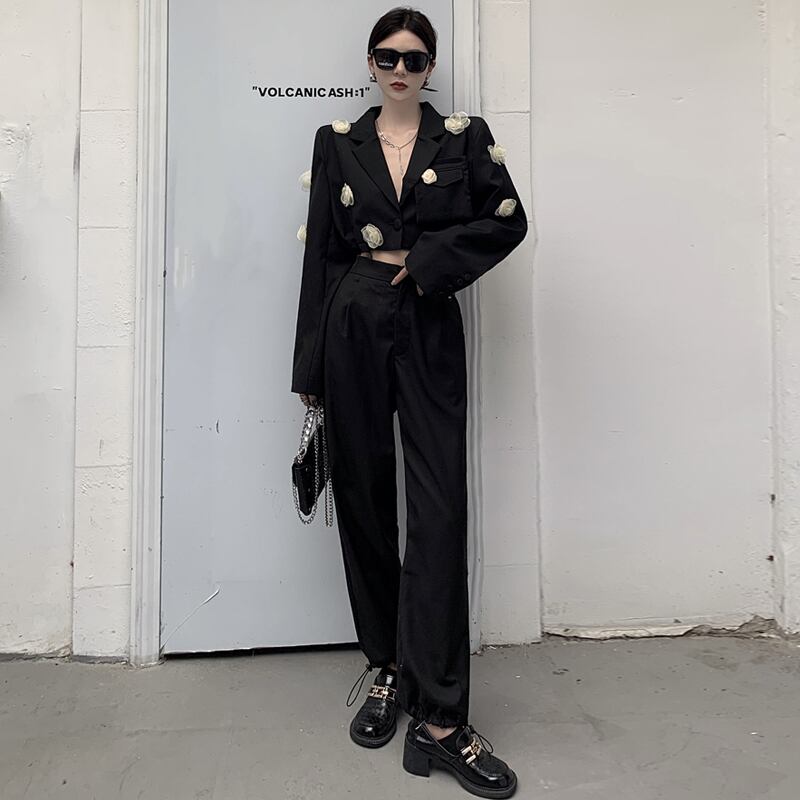 オータムショートジャケット ハイウェストウェストワイドレッグ ストリート 秋物 ワイドパンツ ハンチェンe53559620691