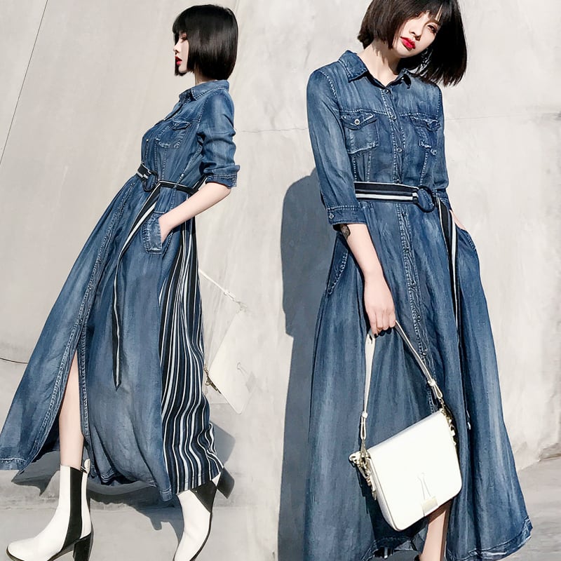 ウエストマーク デニム シャツワンピース ワンピース 膝下 ミモレ ミモレ丈 袖あり 長袖 Vネック 襟付き セミフレア Aライン ベルト ポケット ハイウエスト 前開き ブルーデニム かわいい 大人可愛い きれいめ シンプル カジュアル 大人 上品 おしゃれ 大人女子 こなれ感 ウエストマーク デニム シャツワンピース ワンピース 膝下 ミモレ