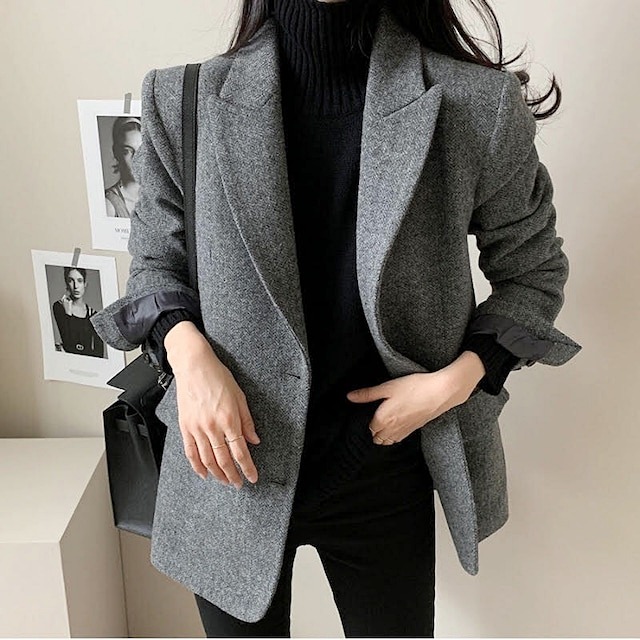 【送料無料】 ウールジャケット グレー かっこいい ツイードジャケット ブラウン 韓国 レディース  オルチャン ジャケット 上着 スーツ 長袖 Vネック 襟付き ポケット きれいめ シンプル 上品 おしゃれ こなれ感 メンズライク クール エレガント フォーマル 抜け感 ナチュラル メンズライク かっこいい オトナ女子 大人女子 高見え  秋 冬  ビジネス OL 通勤  休日 ビジネス ミーティング 会議 着回し 重ね着 レイヤード 定番 トレンド 流行 インスタ映え フリーサイズ