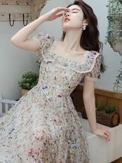 【0064】Colorful Small Floral Pattern Short Sleeve Dress